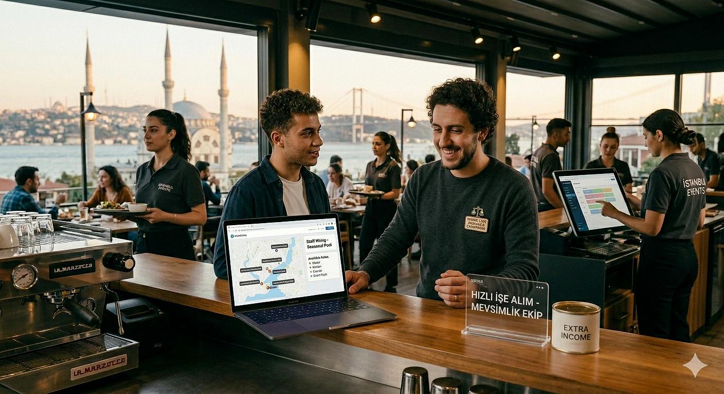 Kafe ortamında sezonluk personel alımı üzerine bilgi paylaşımı yapan iki kişi, laptop açık.