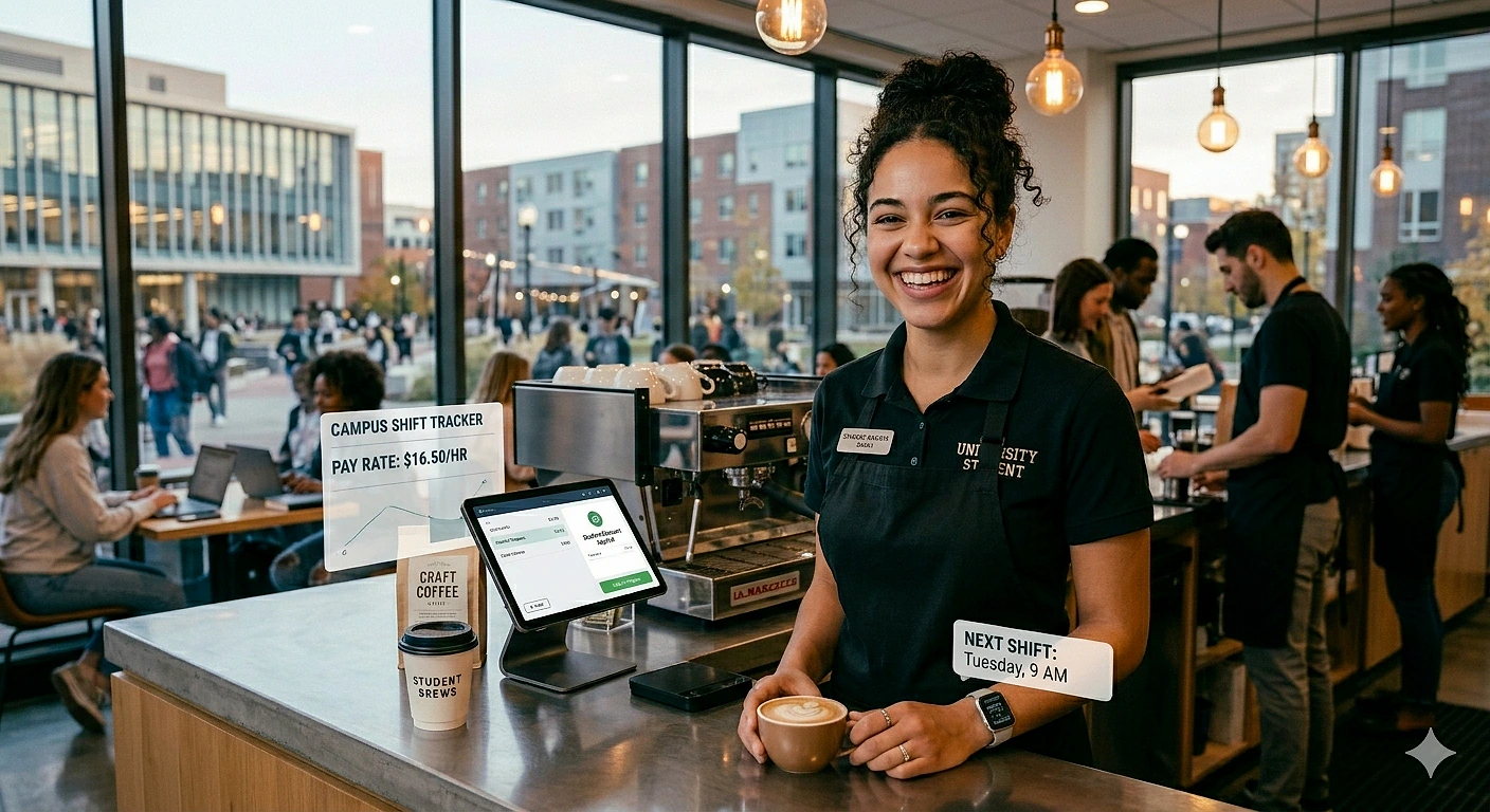 Kafe çalışanı ile öğrenci yaşamı Kafe ortamında gülümseyen bir barista, kahve servisi yapıyor. Öğrenciler çalışıyor.