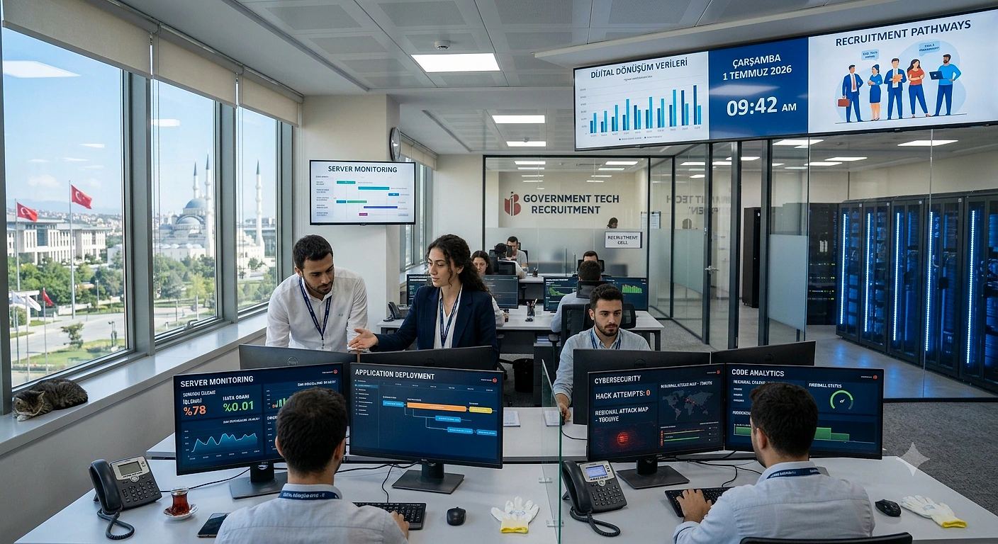 Bilişim personeli alım sürecini gösteren modern bir ofis ortamı, çalışanlar bilgisayar başında.