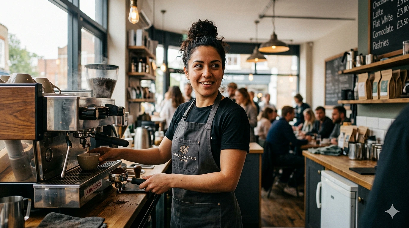 Kafede kahve hazırlayan barista, mutlu bir şekilde çalışıyor.