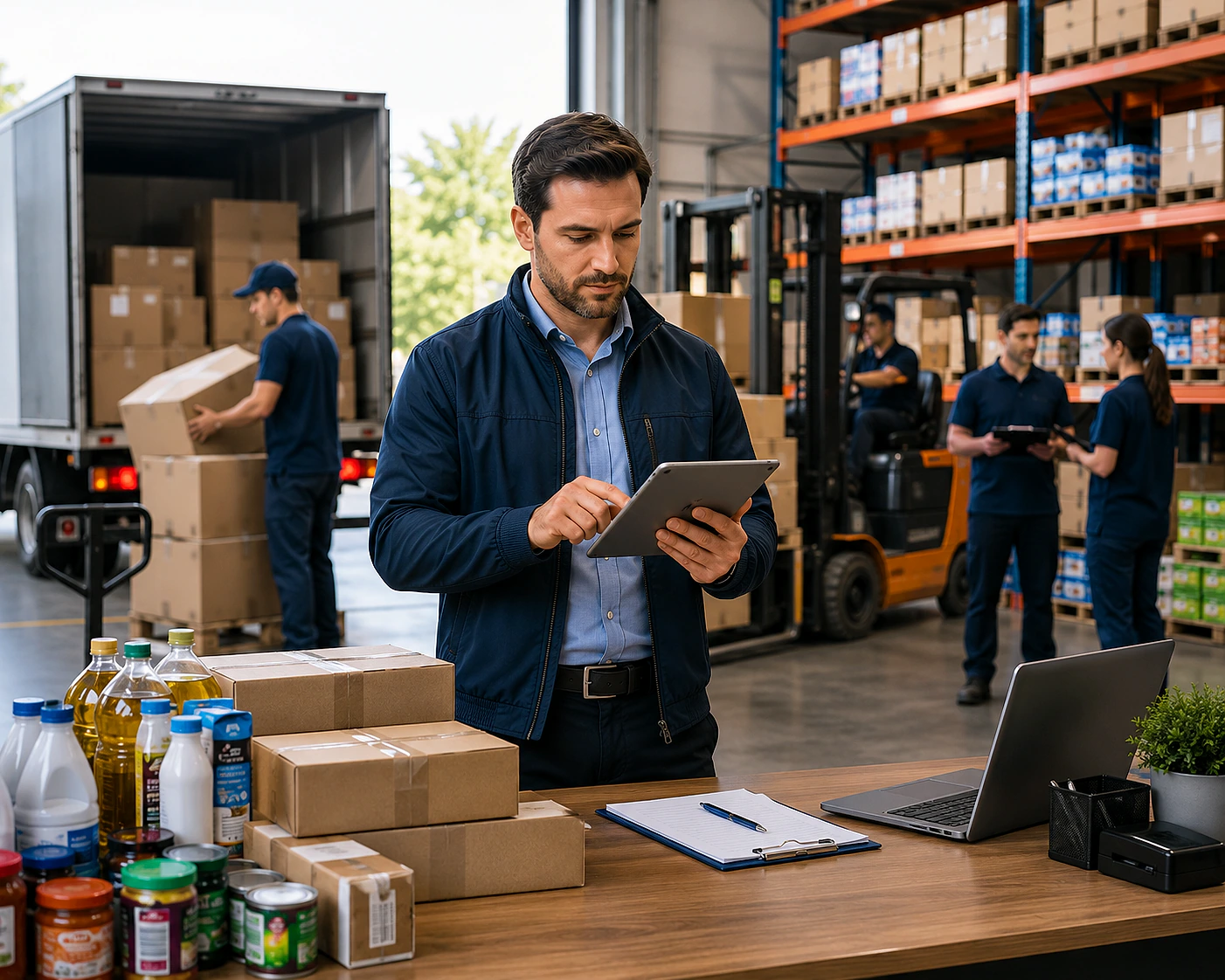 Depo içinde tabletle çalışan bir adam, arka planda kutular ve forklift var.