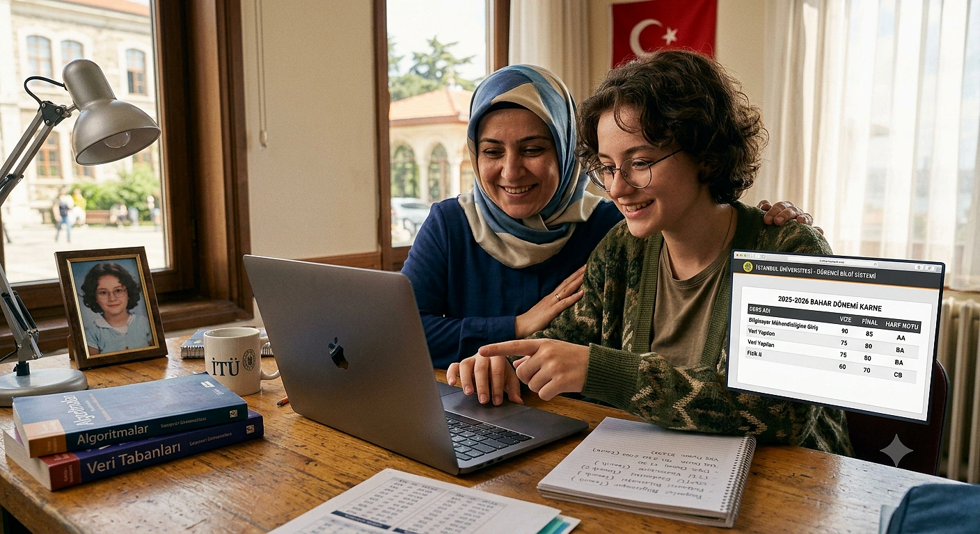 Öğrenci ve öğretmen bilgisayar başında not girişi yaparken, masada kitaplar ve not defteri var.