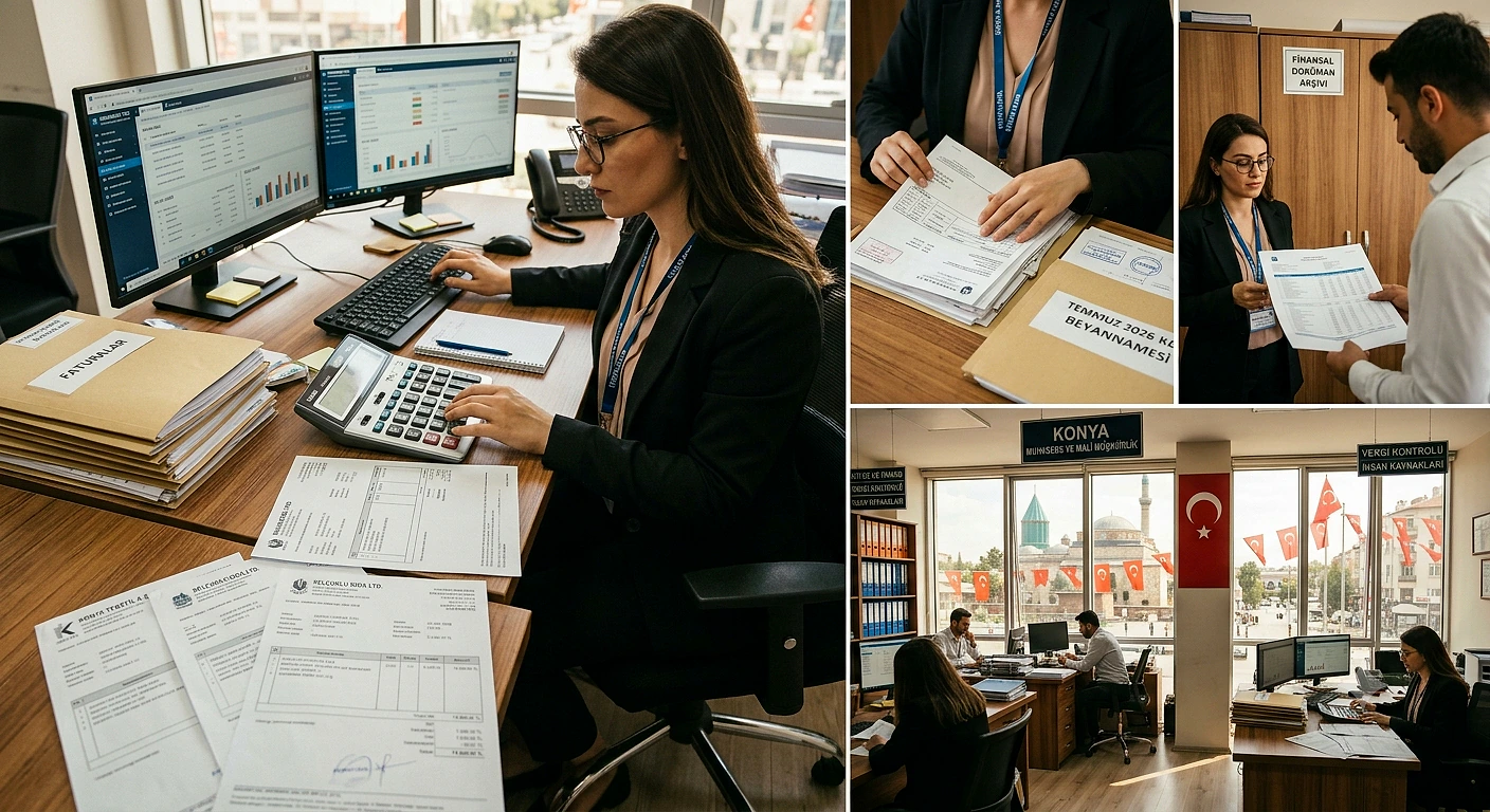 Ofis ortamında ön muhasebe işlemleri yapan bir kadın, belgeler ve bilgisayar ekranlarıyla çalışıyor.