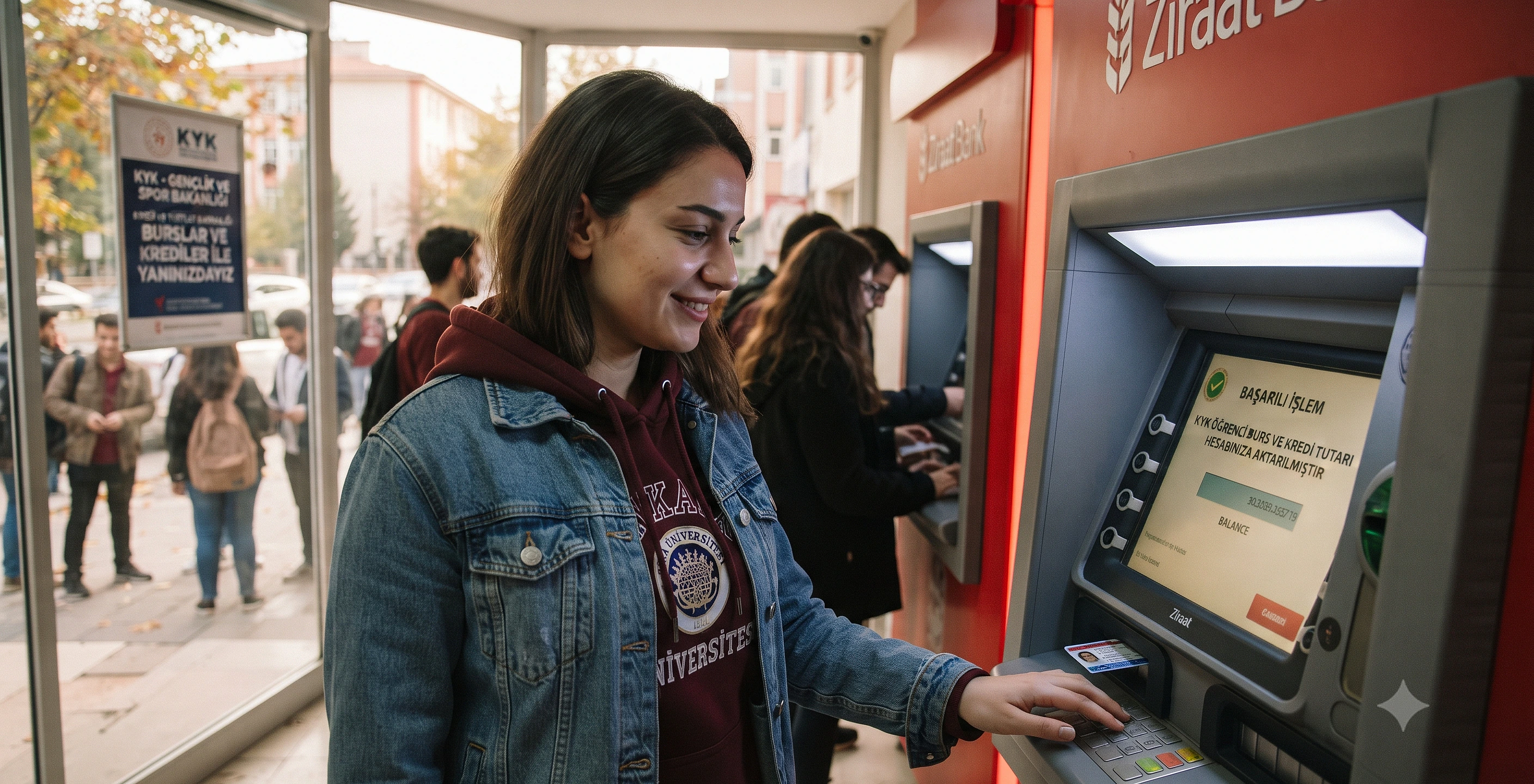 Öğrenci, Ziraat Bankası ATM'sinde işlem yaparken gülümsüyor. Arkada KYK duyurusu var.