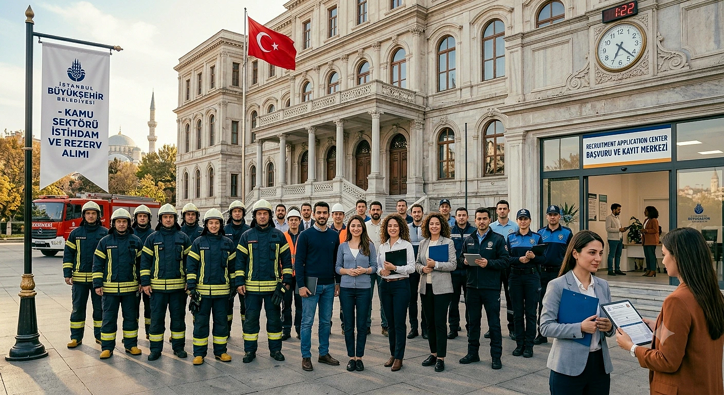 İstanbul Büyükşehir Belediyesi önünde itfaiye eri ve memur adayları bir arada, başvuru sürecine katılıyorlar.