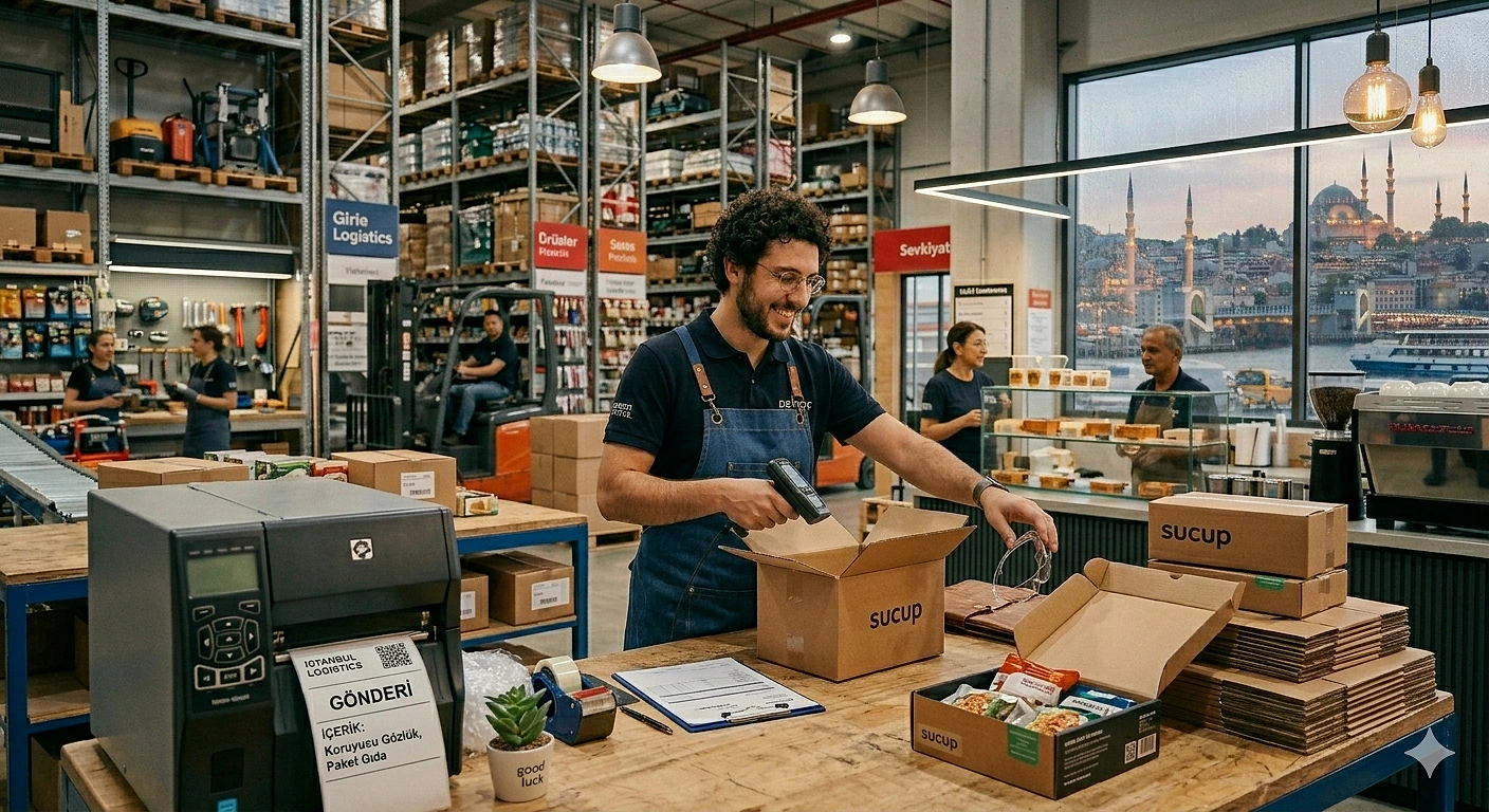 Depo elemanının paketleme yaptığı modern bir depo ortamı, arka planda çalışan personel.