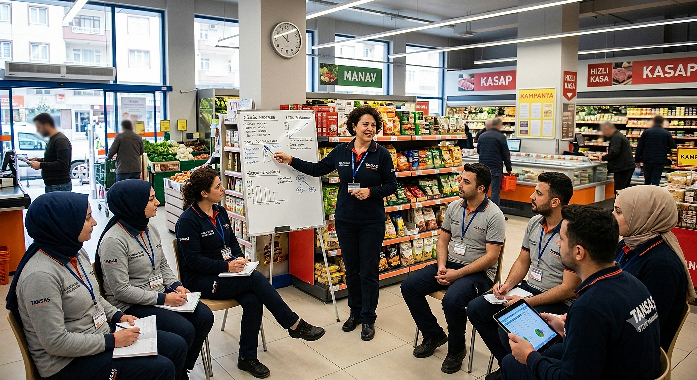 Bir mağaza müdürü, çalışanlara eğitim veriyor ve görevleri hakkında bilgi paylaşıyor.