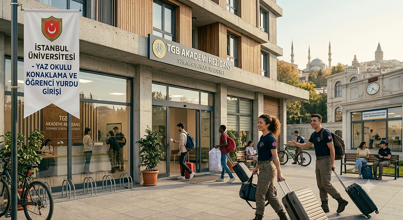 Öğrenciler, İstanbul Üniversitesi yaz okulu yurt binasına valizleriyle giriş yapıyor.