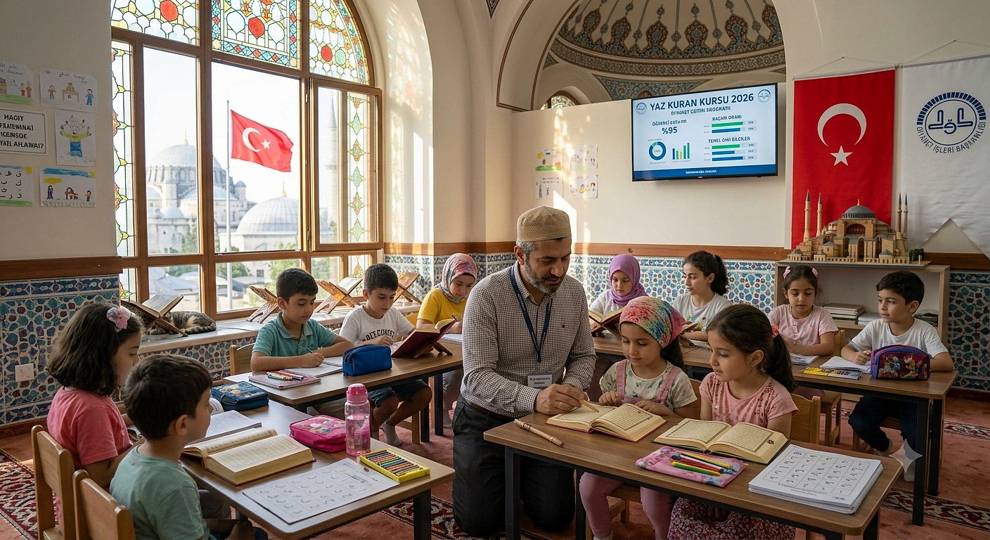 Diyanet Yaz Kur'an Kursu'nda öğrenciler, öğretmen eşliğinde ders çalışıyor.