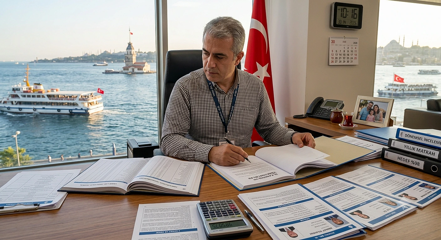 İnsan kaynakları uzmanı, belgeler üzerinde çalışırken Boğaz manzarası.