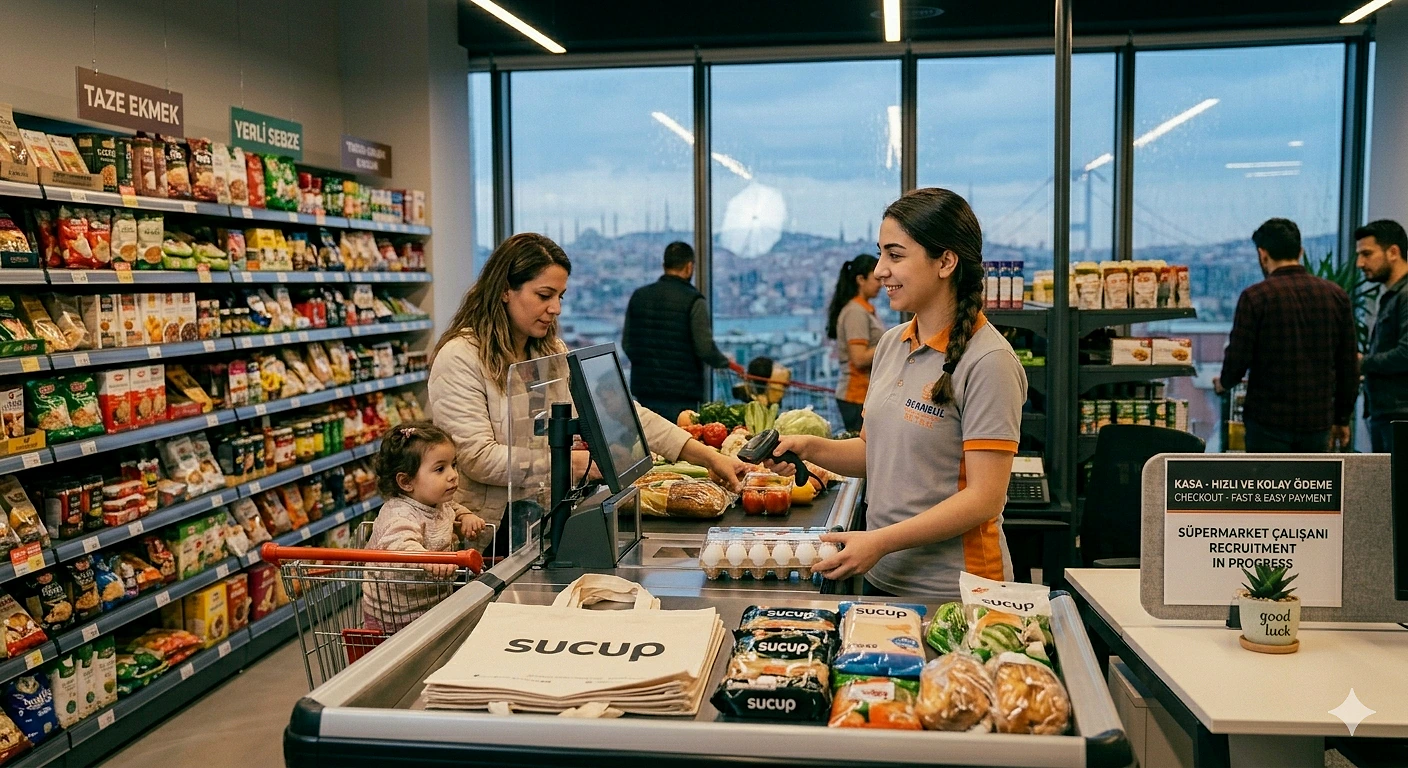Market kasiyeri, müşterilerle etkileşimde bulunarak ürünleri kasada işlemektedir.