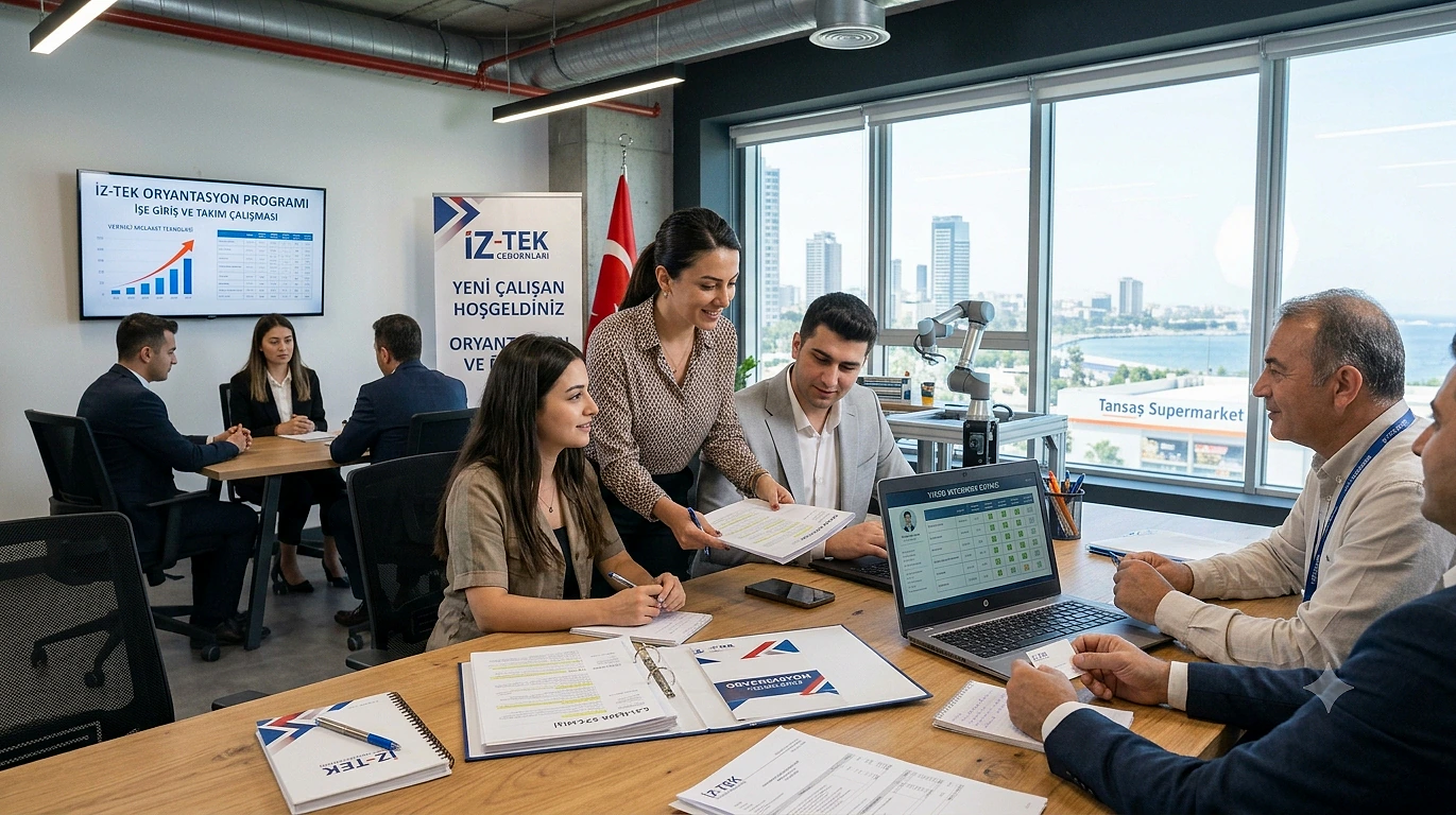 Ofis ortamında yeni personel için oryantasyon gerçekleştiriliyor, katılımcılar belgeler üzerinde çalışıyor.
