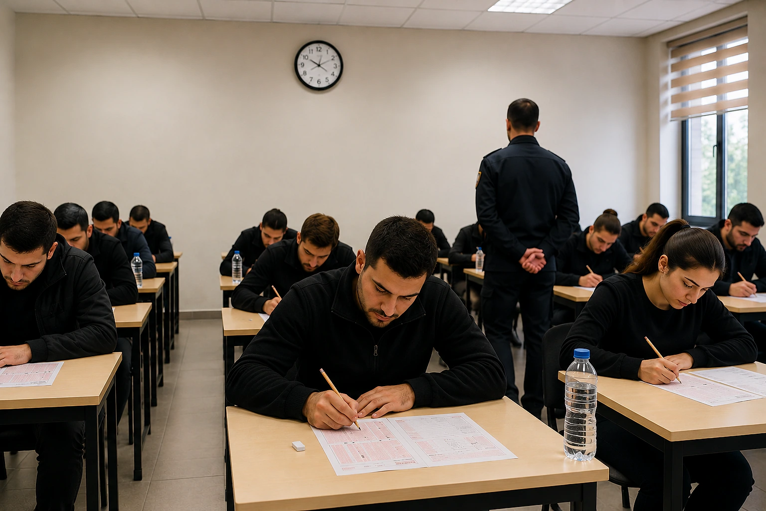 Sınav ortamında öğrenciler, sınav kağıtları üzerinde çalışıyor. Arka planda saat dikkat çekiyor.