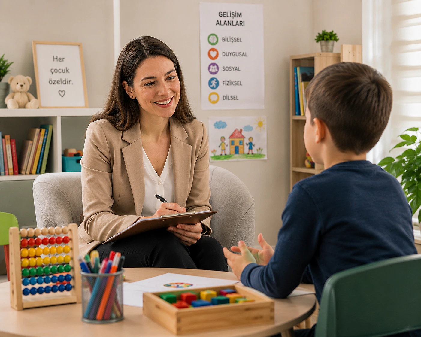 Bir pedagog, çocukla birebir görüşme yaparak gelişim alanları hakkında bilgi veriyor.