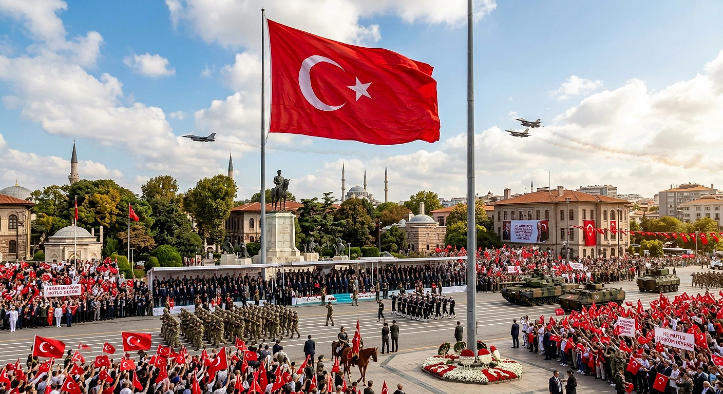 30 Ağustos Zafer Bayramı kutlamaları, Türk bayrağı ve kalabalık bir katılımcı grubu.