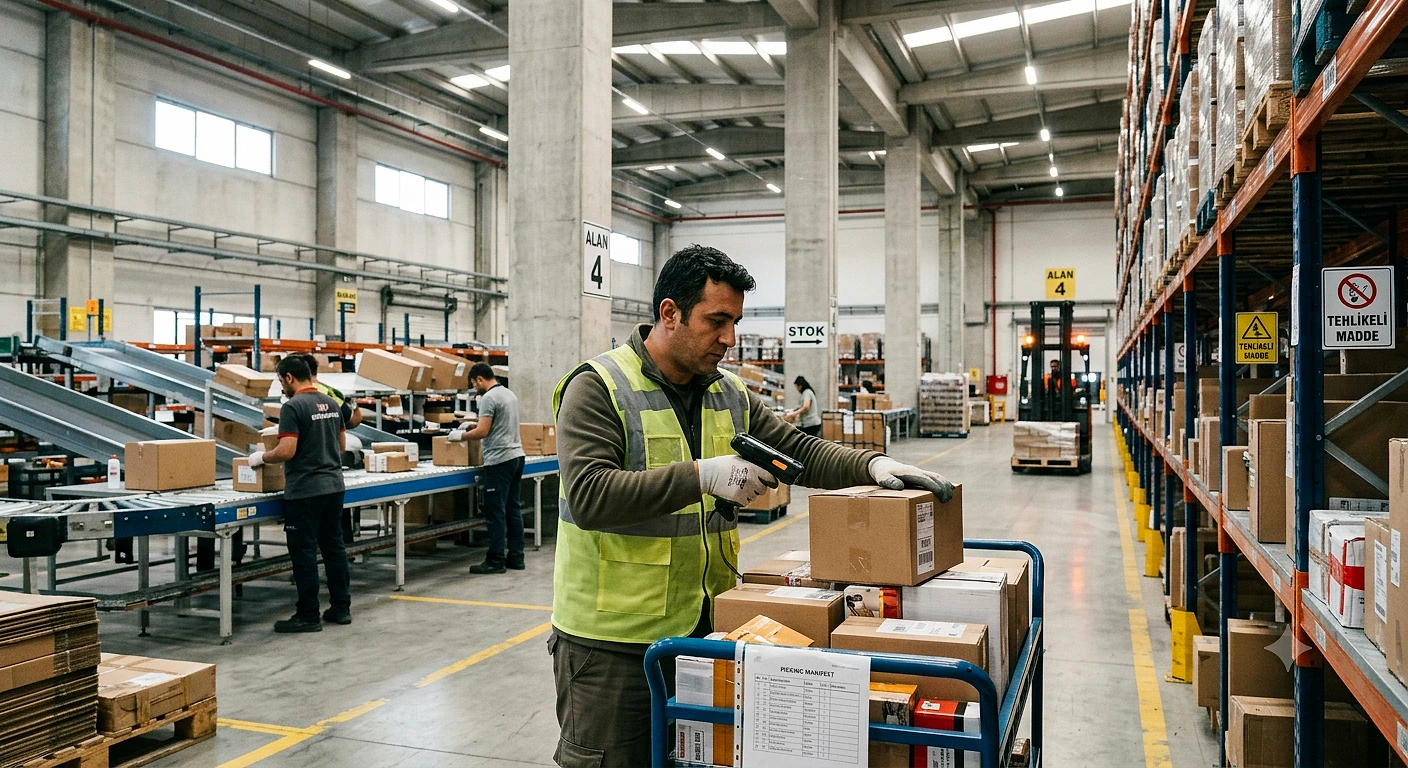Depo personeli, paketleri kontrol ederek ve tarayarak düzenli bir depo ortamında çalışıyor.