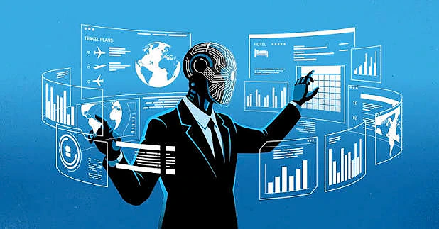 Yapay zekâ ile iş hayatını dönüştüren bir figür, grafikler ve verilerle etkileşimde bulunuyor.