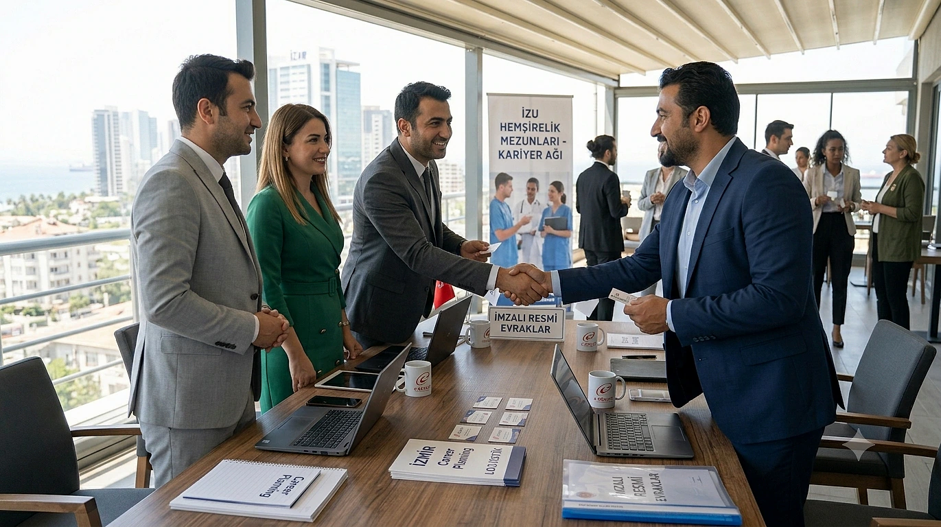 İş dünyasında networking etkinliği, katılımcılar arasında el sıkışma ve etkileşim anı.