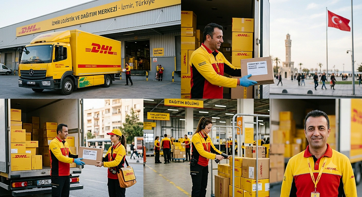 DHL kargo çalışma saatleri ve hizmet bilgileri DHL kargo merkezi, çalışanlar paketleri taşırken ve teslim ederken, İzmir'de açık bir gün.