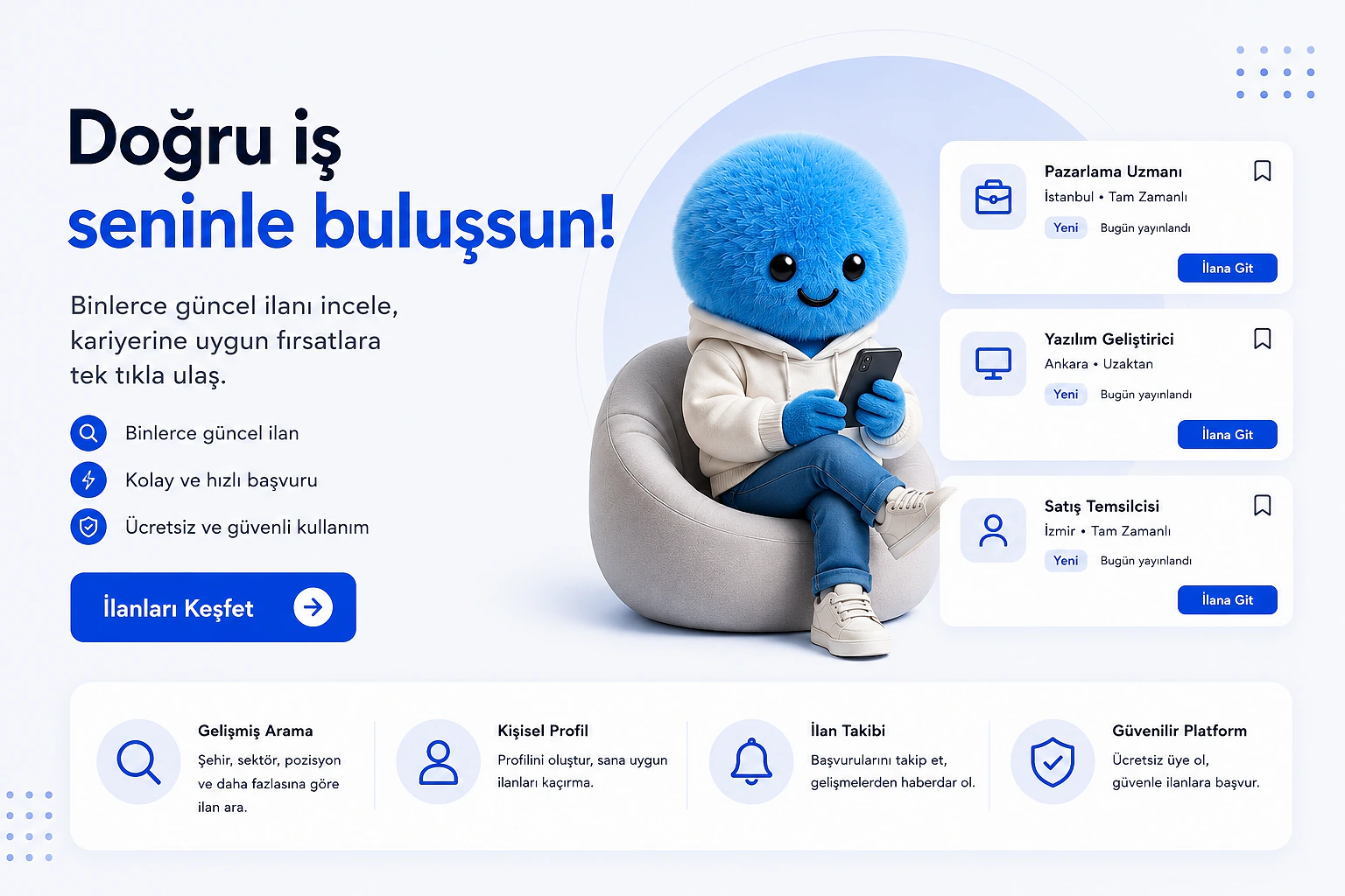 Yeni iş fırsatlarını keşfetmek için Personel.com Mavi bir karakter, iş arama uygulaması kullanarak yeni fırsatlar inceliyor.