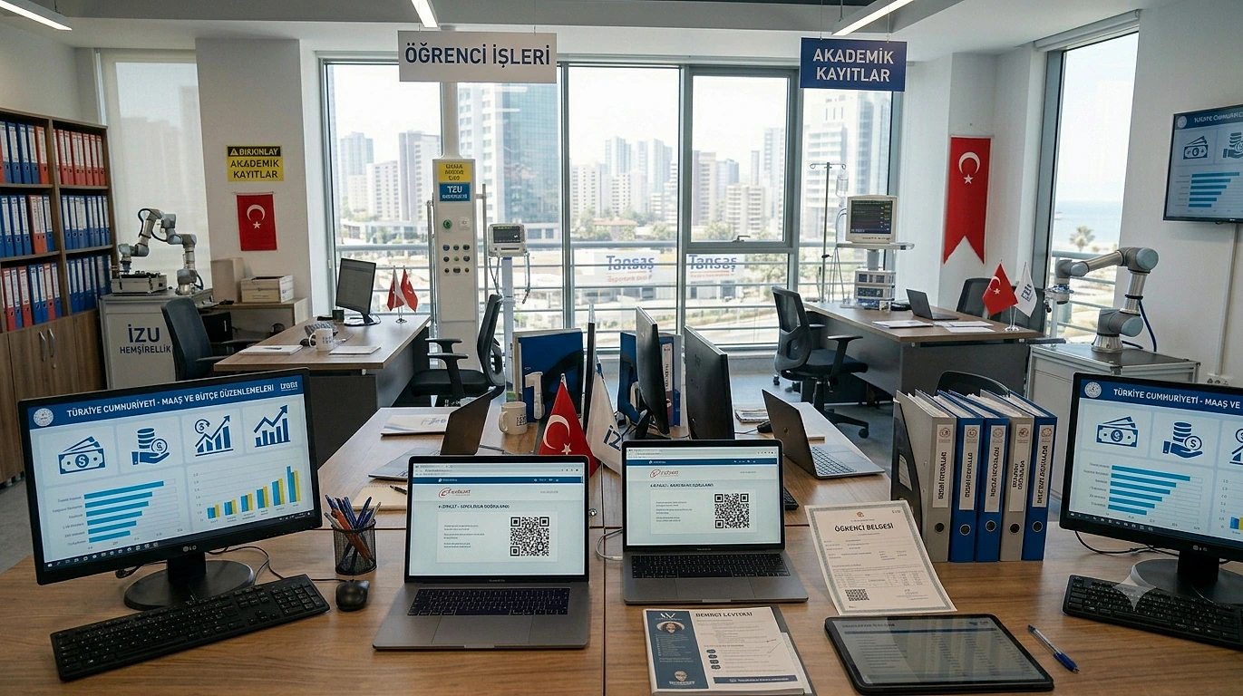 Modern bir ofis ortamında bilgisayarlar ve belgeler, ikametgâh belgesi alma sürecini simgeliyor.