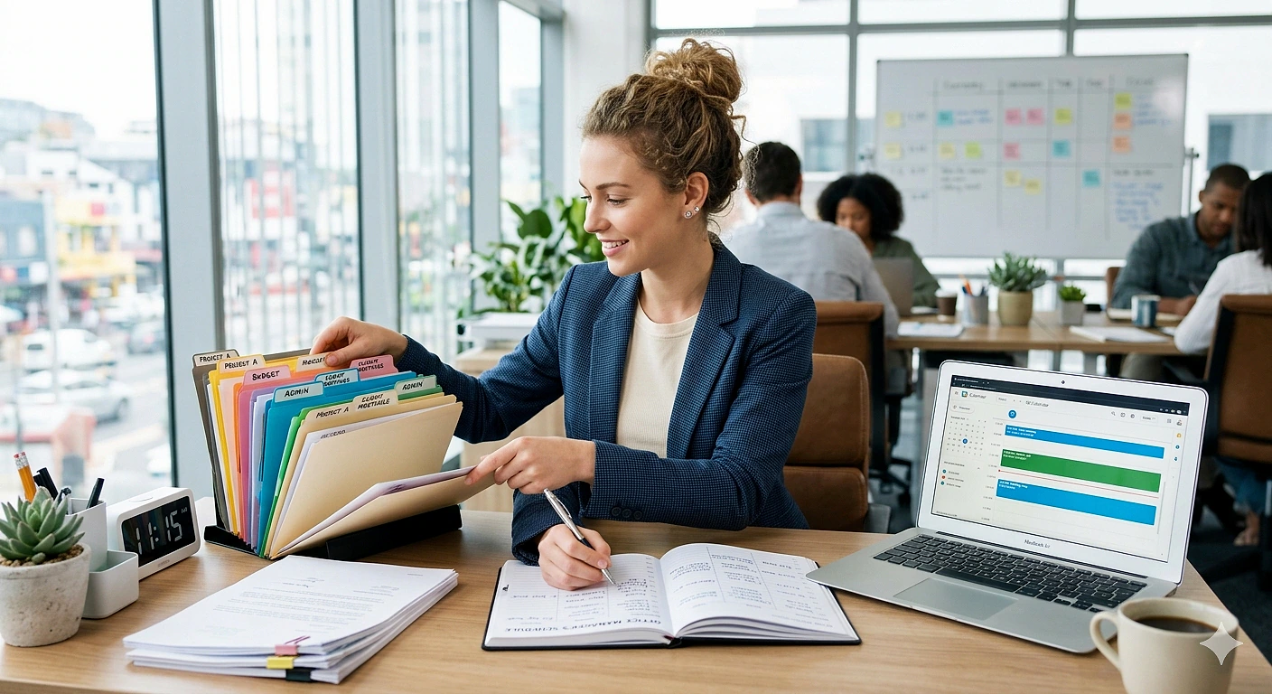 Ofis asistanı belgeleri düzenleyen genç bir kadın, çalışma alanında not alıyor.