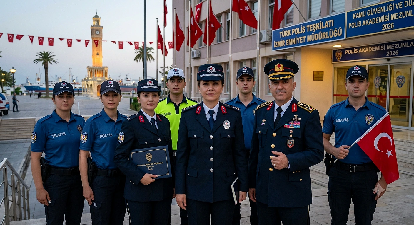 Emniyet rütbeleri ve polis görevlerini temsil eden bir grup polis memuru, Türk bayrağı ile birlikte poz veriyor.