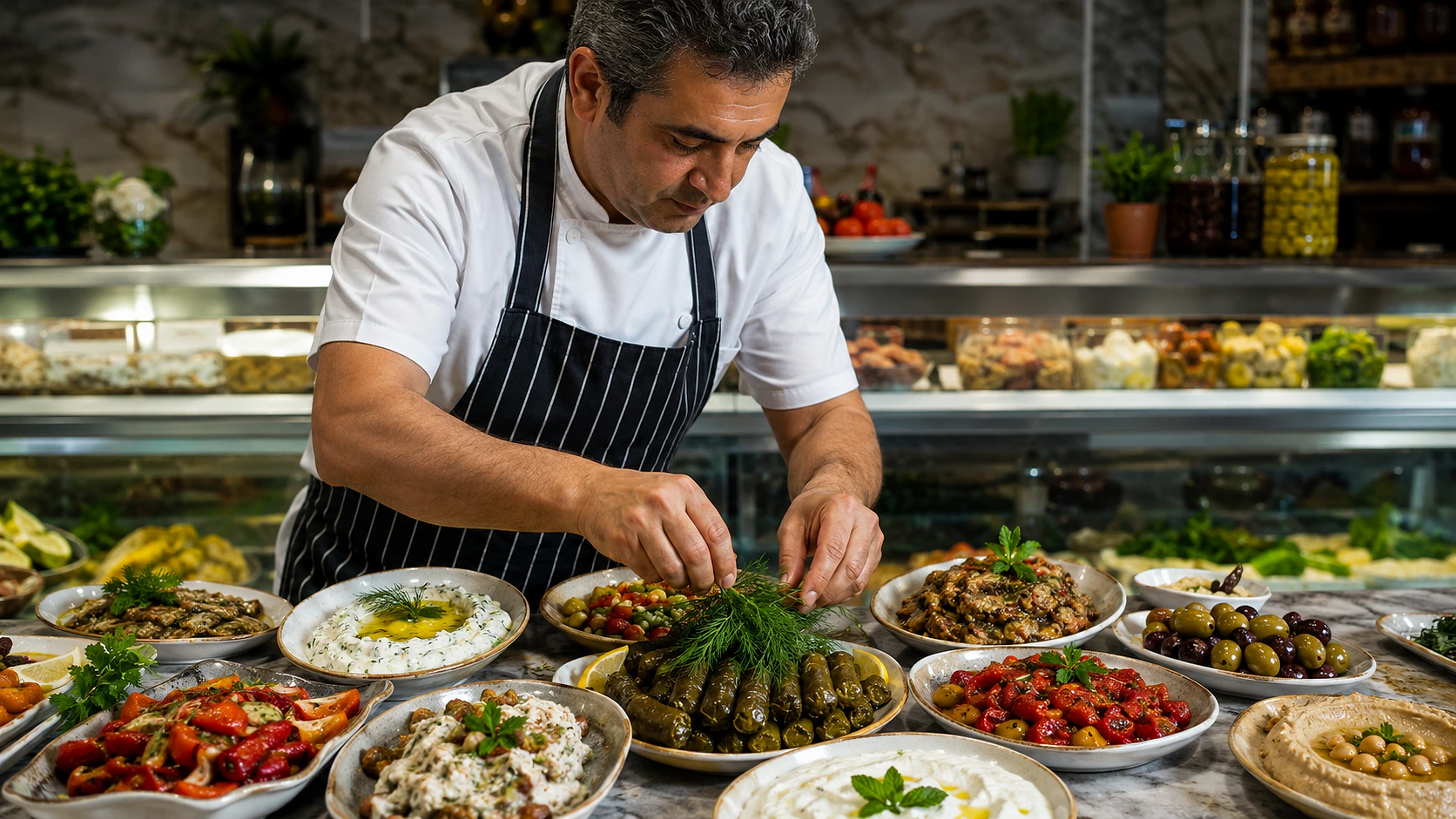 Meze hazırlığı yapan şef, çeşitli mezeleri özenle düzenliyor.