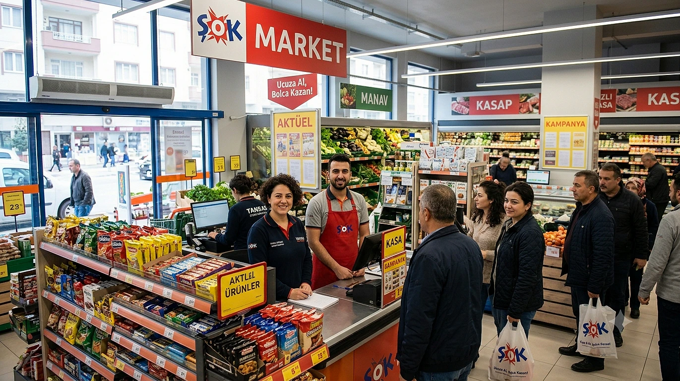 ŞOK Market içinde kasiyer ve mağaza personeli, müşteriler alışveriş yapıyor.