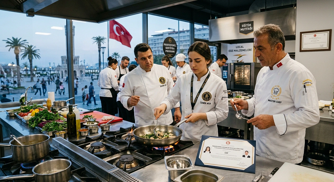 Aşçı kalfalık belgesi almak için mutfakta eğitim alan aşçılar, yemek hazırlığı yapıyor.