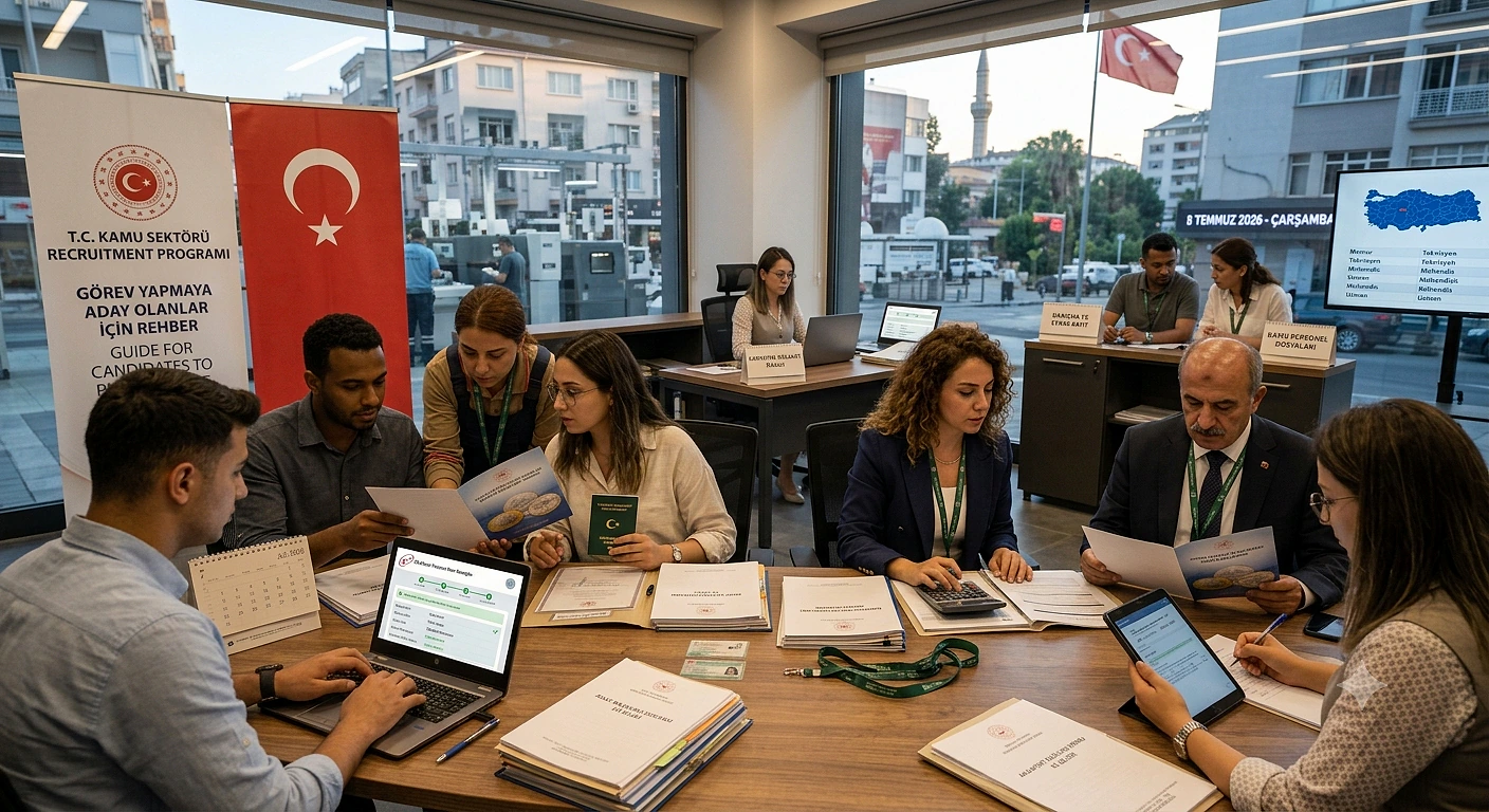 İŞKUR 501 Kamu İşçisi Alımı Detayları İş arayanların belgelerini incelediği bir ofis ortamı, masalarda evraklar ve bilgisayarlar var.