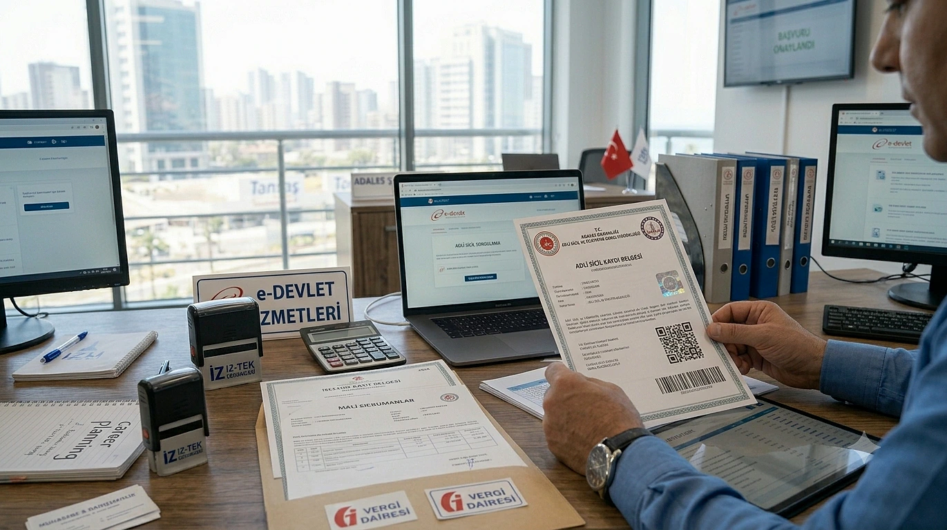e-Devlet üzerinden adli sicil kaydı alma işlemi, bilgisayar masasında belgelerle gösteriliyor.