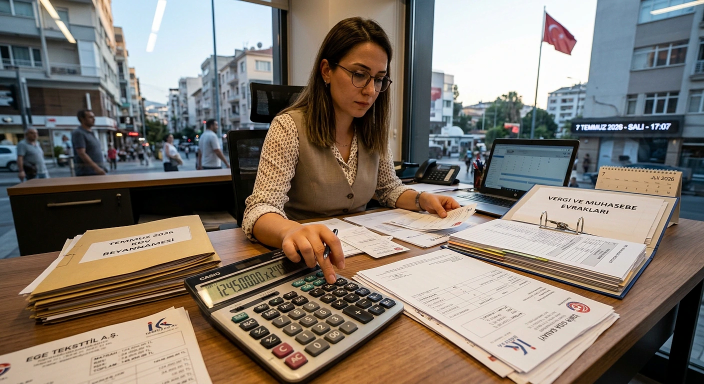 KDV matrah hesaplama işlemi yapan bir kadın, belgeler ve hesap makinesi ile çalışma ortamında.