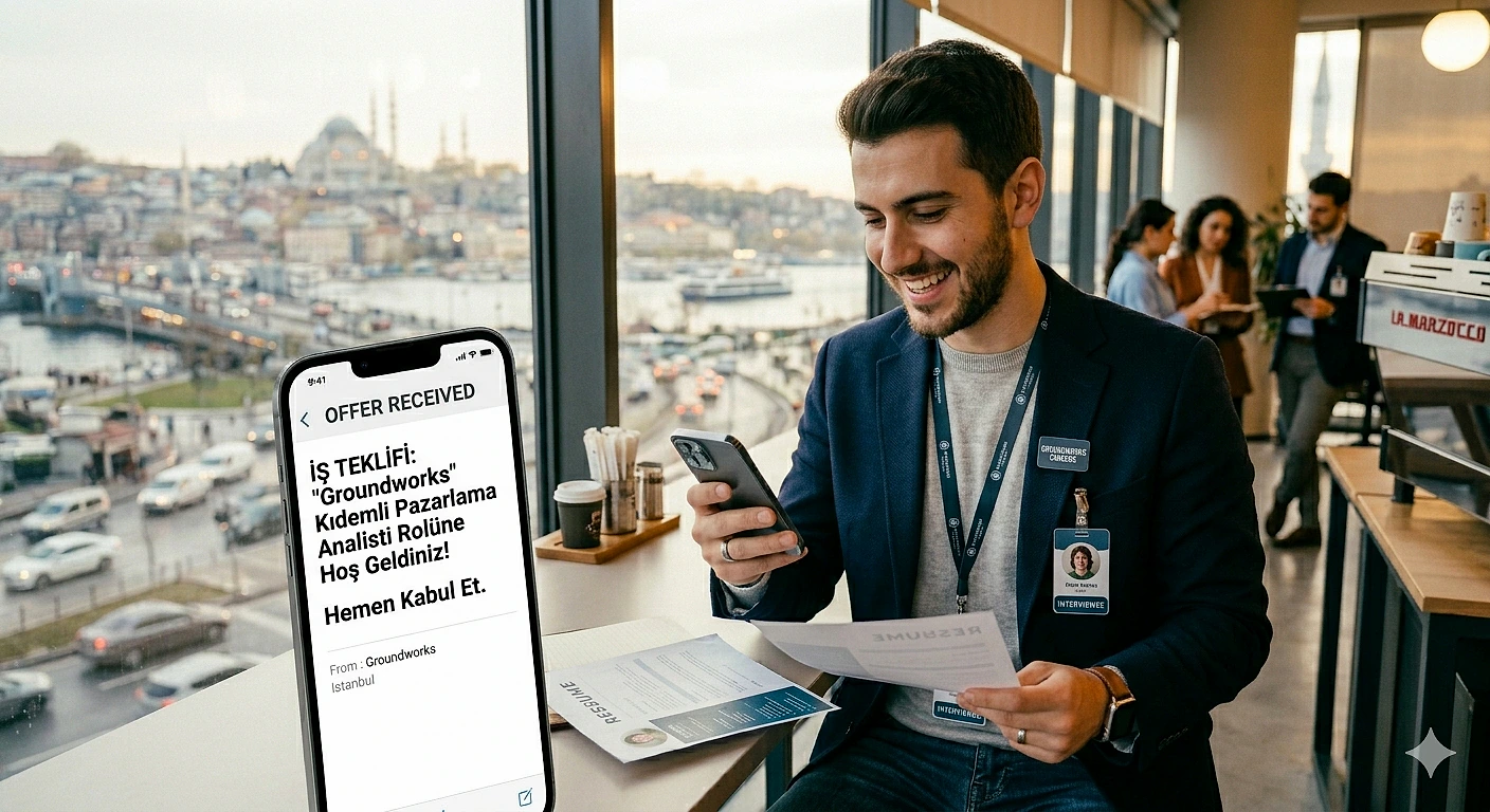 Bir kafe ortamında, telefonuyla mesaj okuyan genç bir adam, iş teklifi almış.