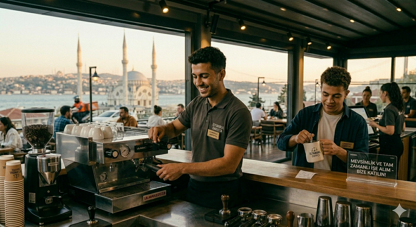 Kafe ortamında çalışan baristalar, espresso makinesi kullanarak kahve hazırlıyor.
