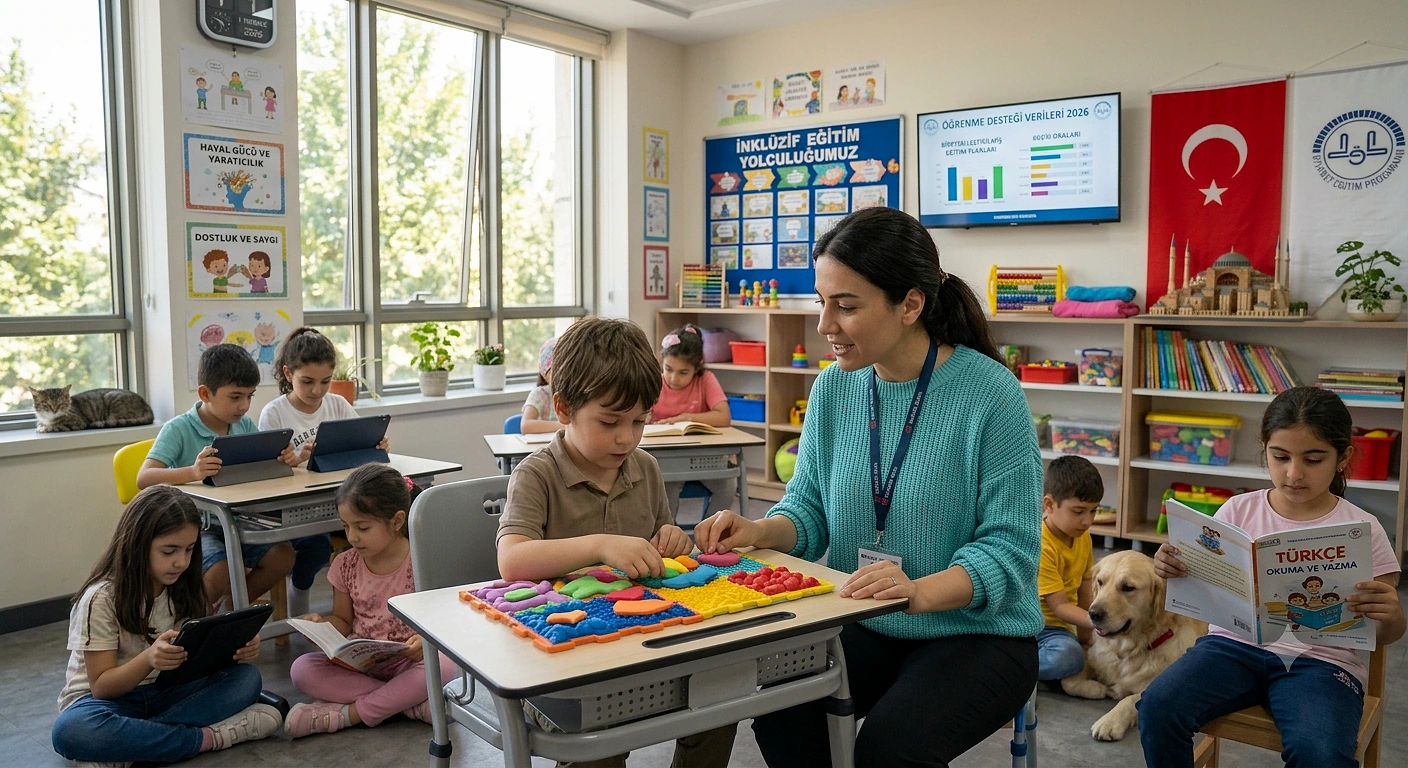 Sınıfta özel eğitim öğretmeni, öğrenciyle etkinlik yapıyor. Arka planda diğer öğrenciler ders çalışıyor.