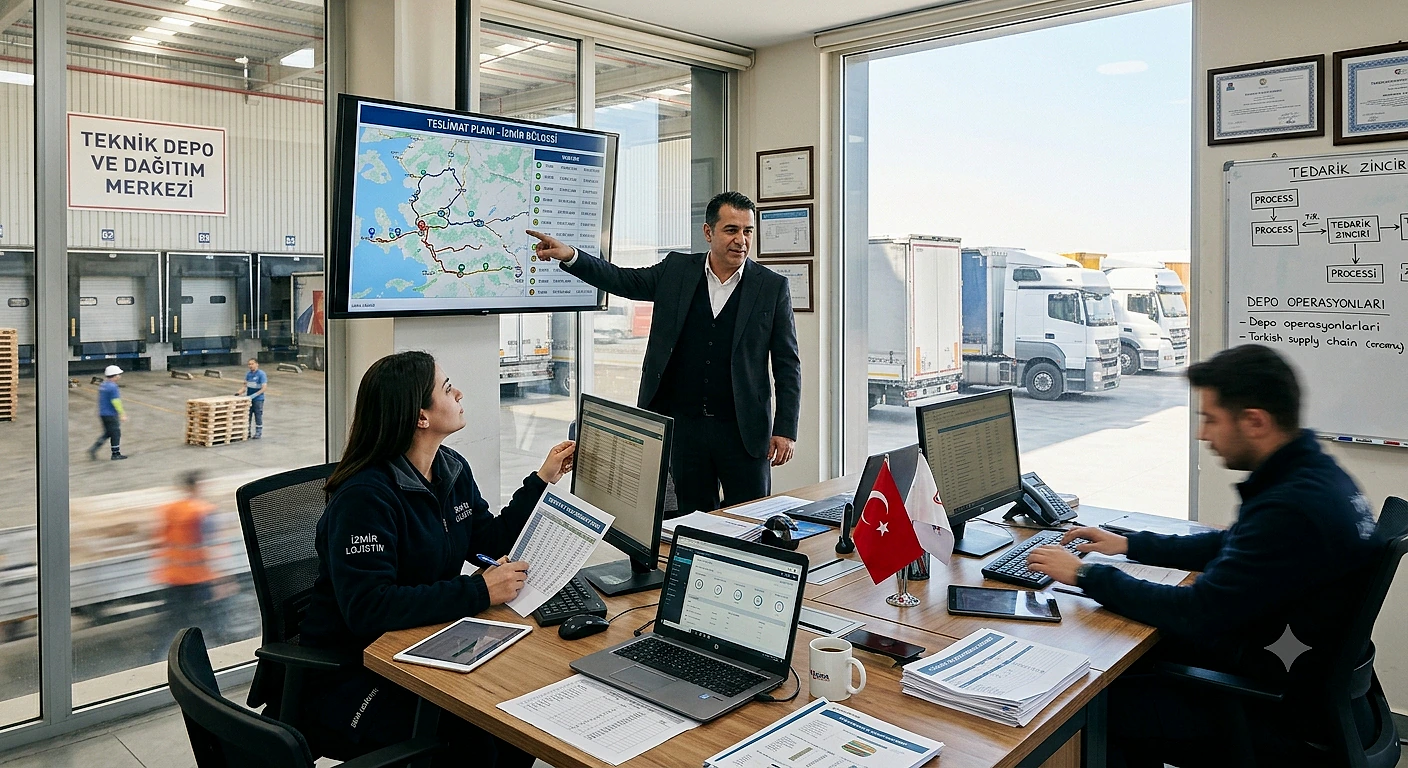 Sevkiyat sorumlusunun iş ortamında harita üzerinde sevkiyat planlaması yapıldığı bir toplantı.