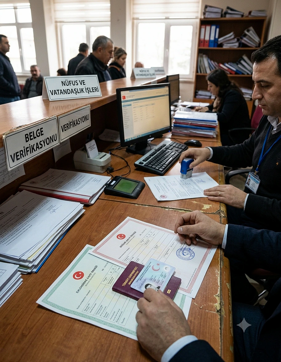 Nüfus ve vatandaşlık işlemleri ofisinde belge doğrulama süreci, çalışanlar ve belgeler.