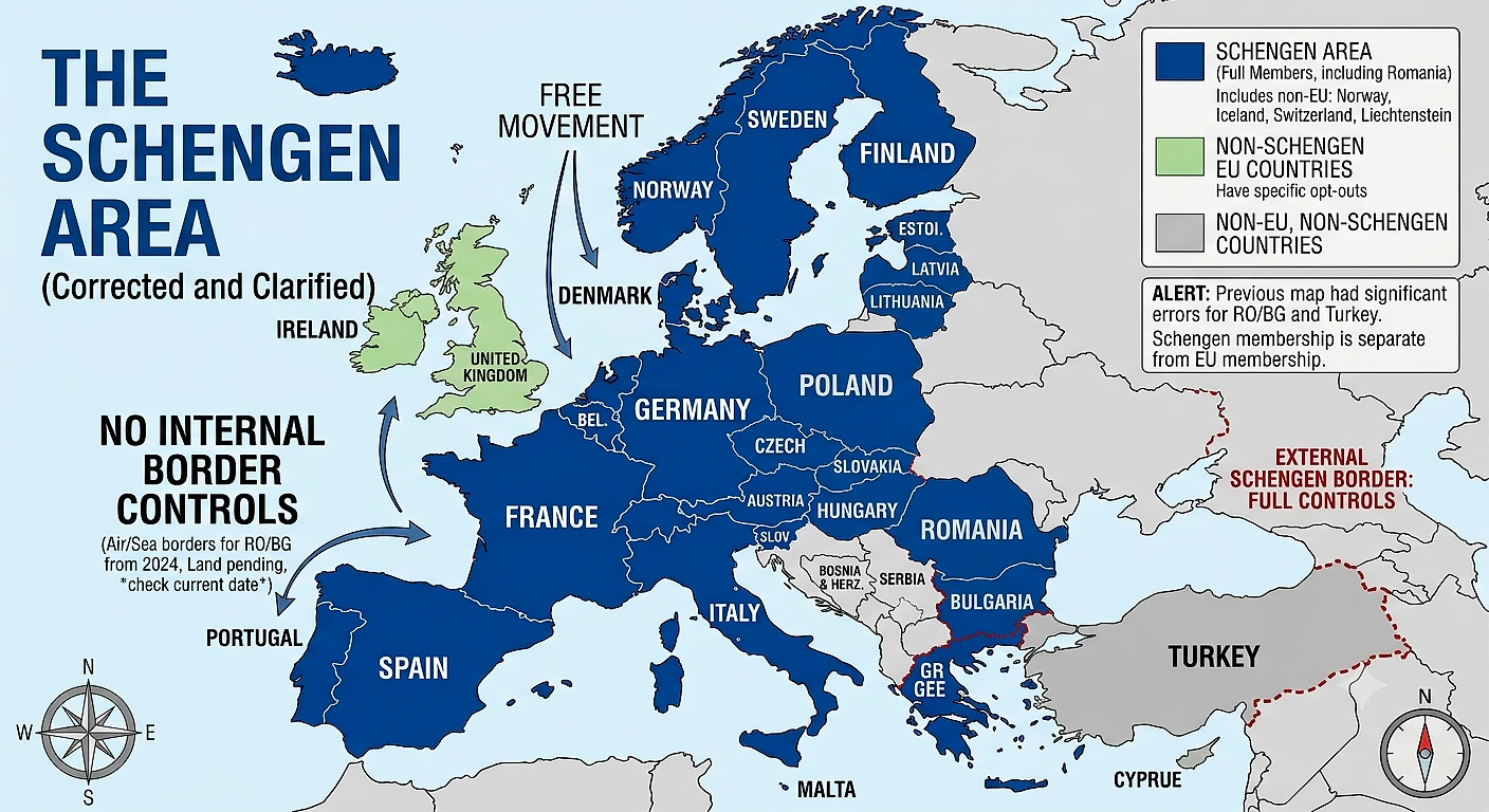 Schengen bölgesini gösteren harita, üye ülkeler ve sınır kontrol durumlarıyla birlikte.