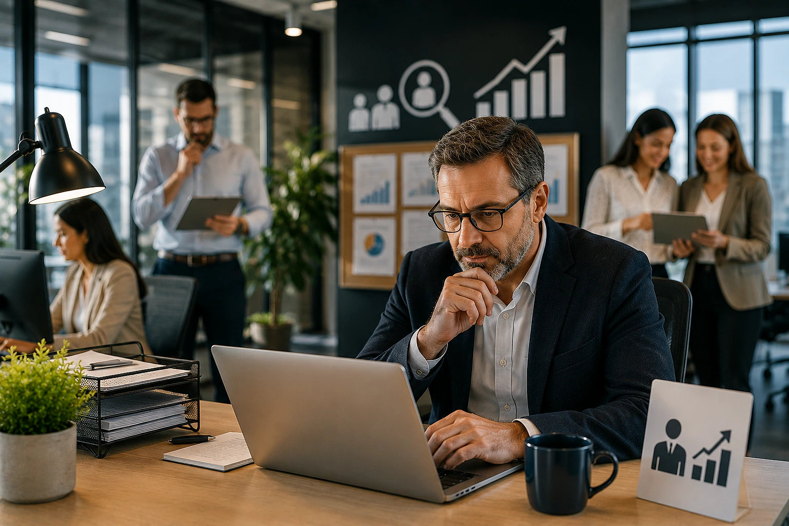 Kıdemli profesyonellerin çalıştığı modern bir ofis ortamında bir adam bilgisayarında düşünerek çalışıyor.