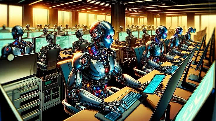 Gelişmiş robotların bilgisayar başında çalıştığı modern bir ofis ortamı.