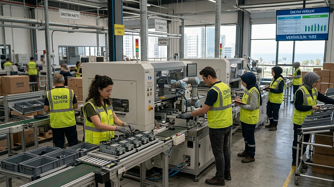 Farklı görevlerde çalışan üretim operatörleri, modern bir üretim tesisinde iş başında.