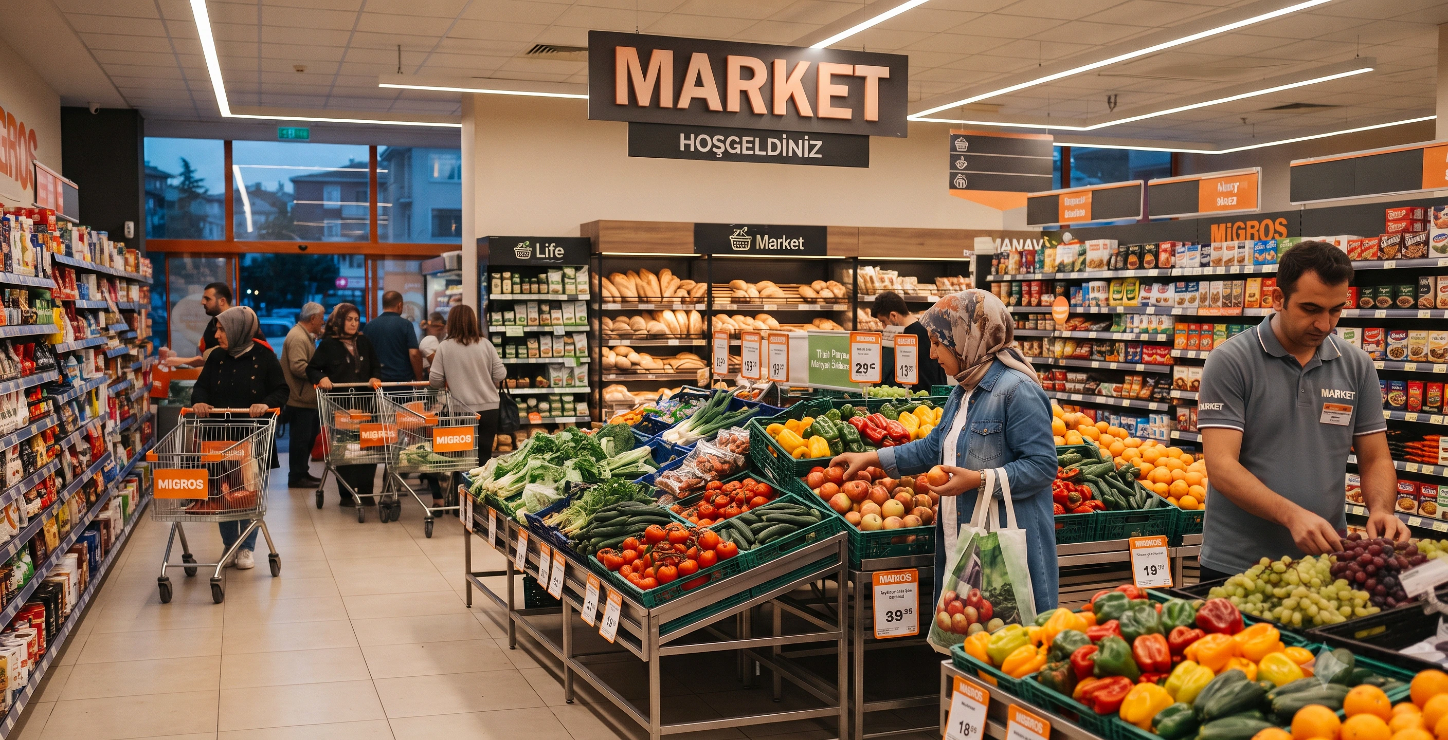 Migros marketinde taze sebze ve meyvelerle dolu reyonlar, alışveriş yapan müşteriler.