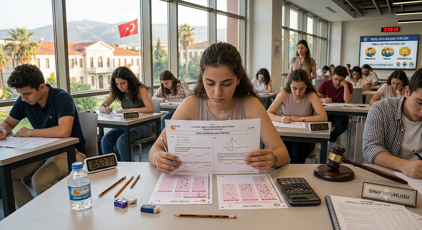Sınavda görevli öğrenciler, masalarında sınav belgeleri ve hesap makineleri ile çalışıyor.