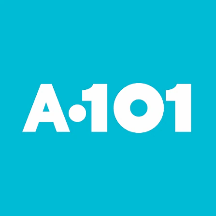 A101 market logosu, mavi arka planda beyaz yazı ile tasarlanmış.