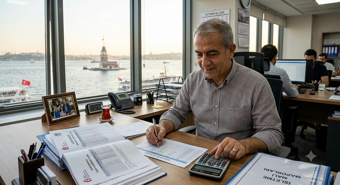 İstanbul manzaralı ofiste çalışan bir muhasebeci, matrah artırımı ile ilgili belgeleri inceliyor.