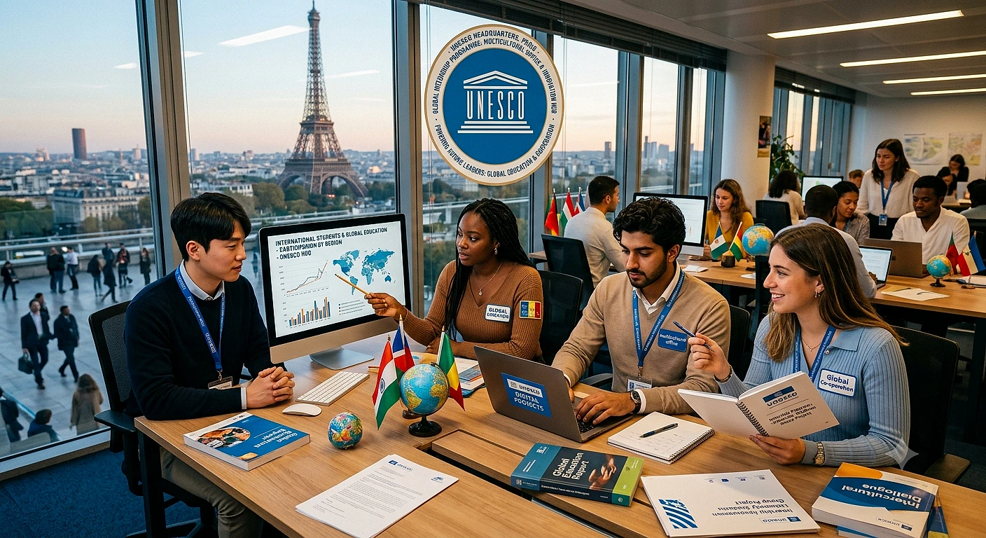 UNESCO Yaz Stajı 2026: Başvuru ve detaylar UNESCO ofisinde genç stajyerler, dünya haritası ve projeler üzerinde çalışıyor.