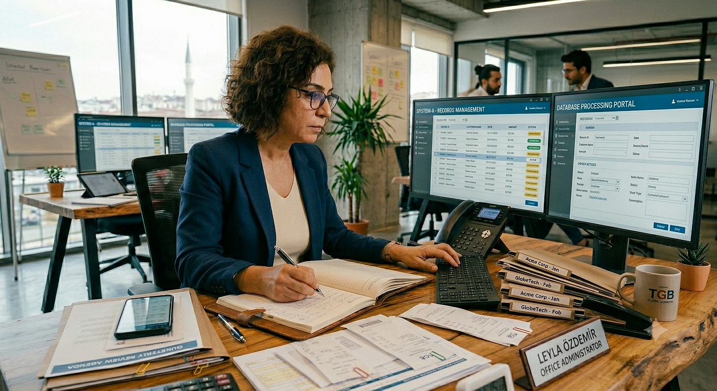 Ofis ortamında özgeçmiş hazırlayan bir kadın, bilgisayar ekranında verilerle çalışıyor.