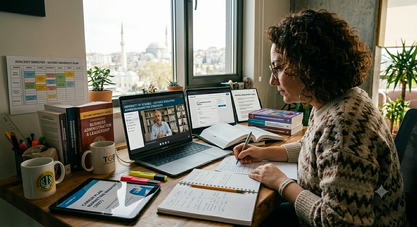 Çalışma masasında not alan bir kadın, bilgisayar ekranında online eğitim görüntüsü var.
