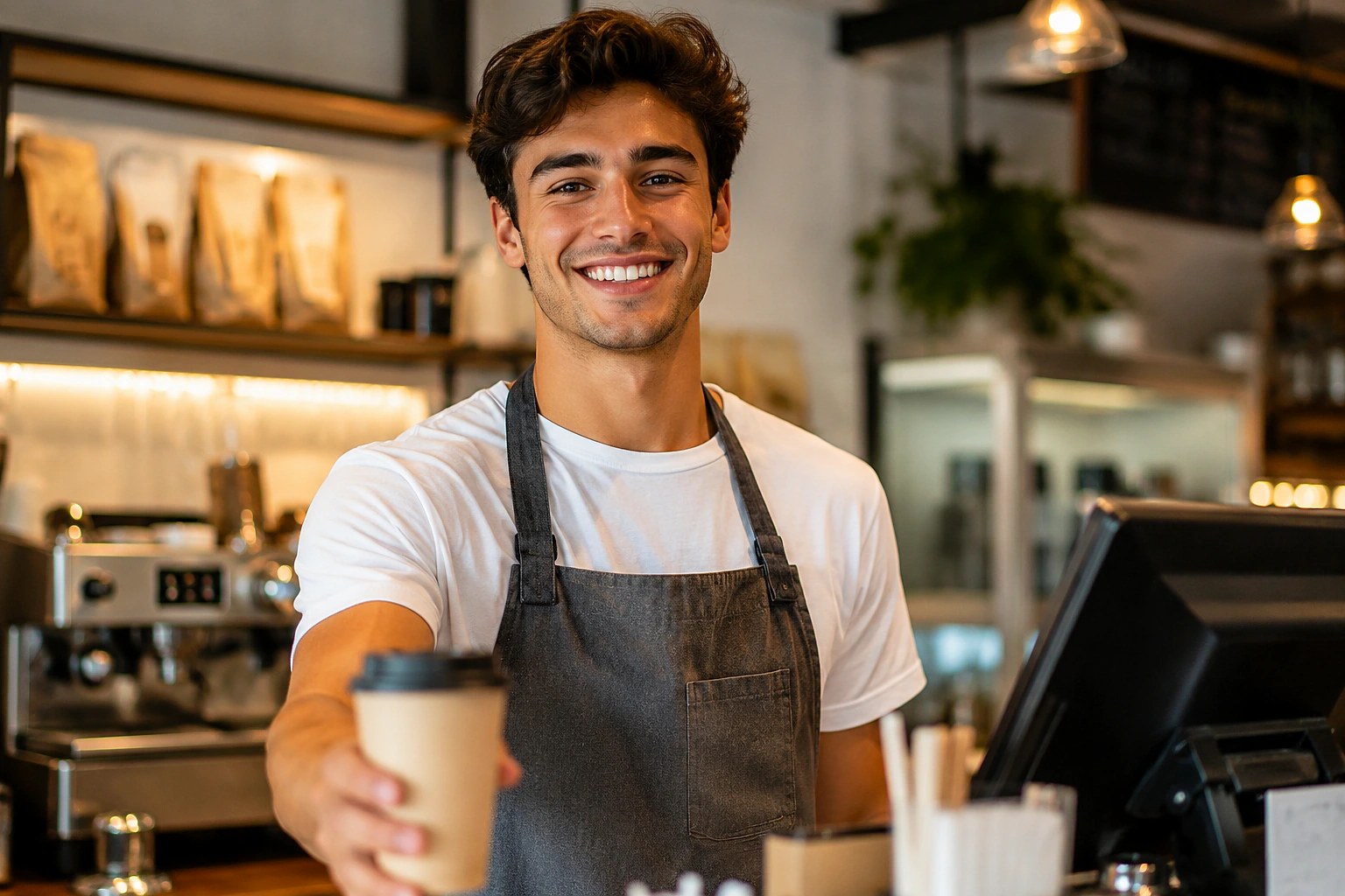 Kahve dükkanında gülümseyen bir barista, kahve fincanı uzatıyor.